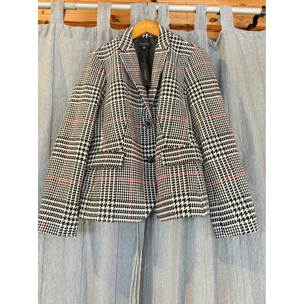 TALBOTS Women‎ Houndstooth Blazer Jacket Red Accent Button Front Size 14